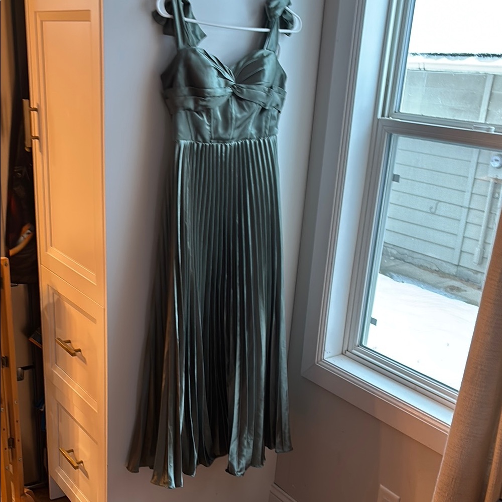 Midi Eucalyptus Green Pleated Satin Dress